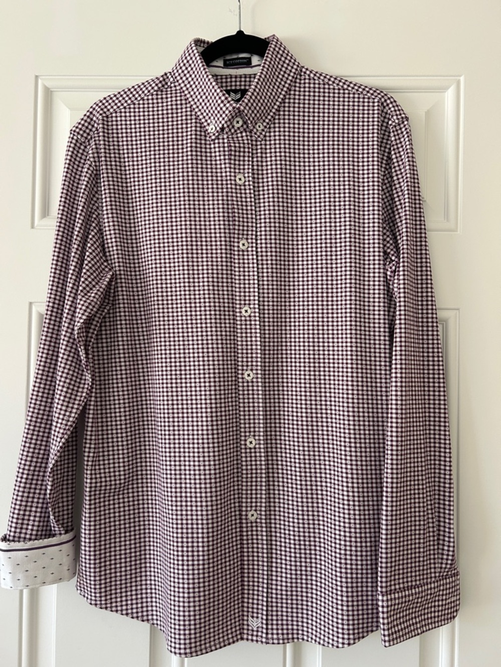 Button-Down Burgundy and White Check Dress Shirt - Classic Long Sleeve